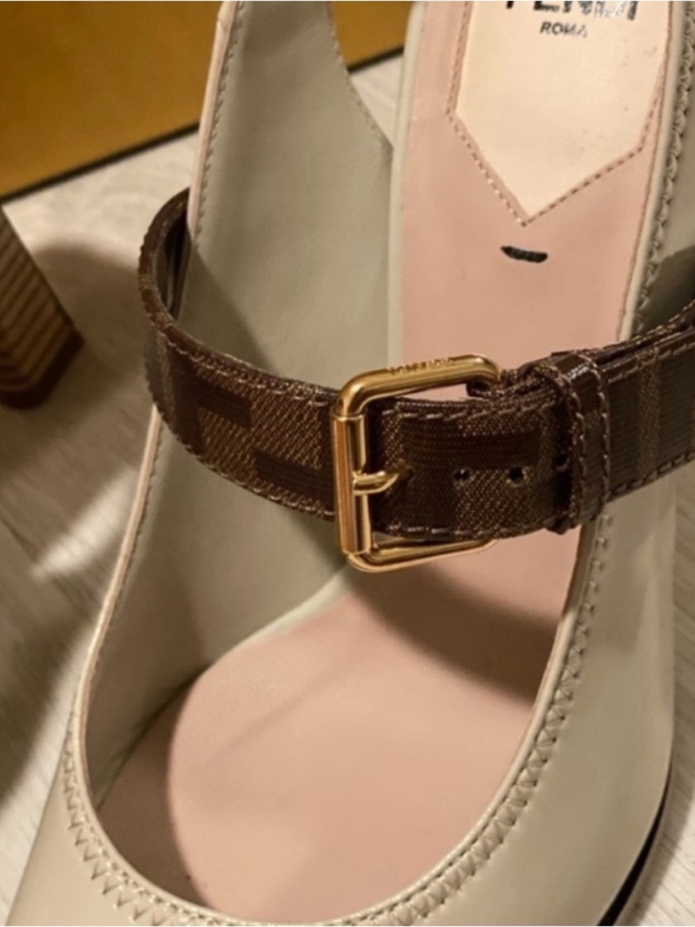 Fendi Cream Slingback Pumps with Brown Monogram Strap and Gold Buckle - Picture 5 of 6